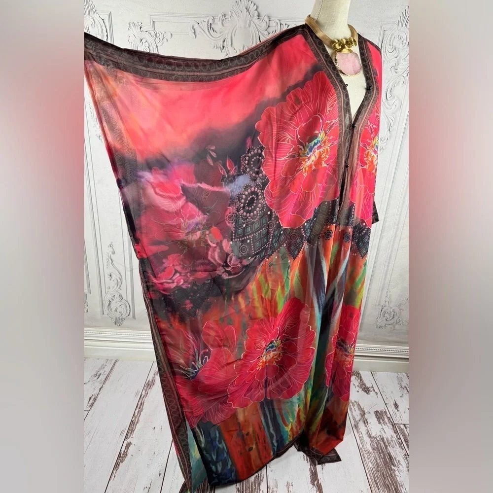 Elegant Floral Print Kaftan Oversized Maxi Kimono Tunic Poncho Coverup - Picture 6 of 14